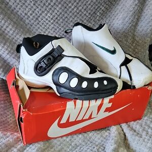 Nike White and Black Sneakers with Green Swoosh